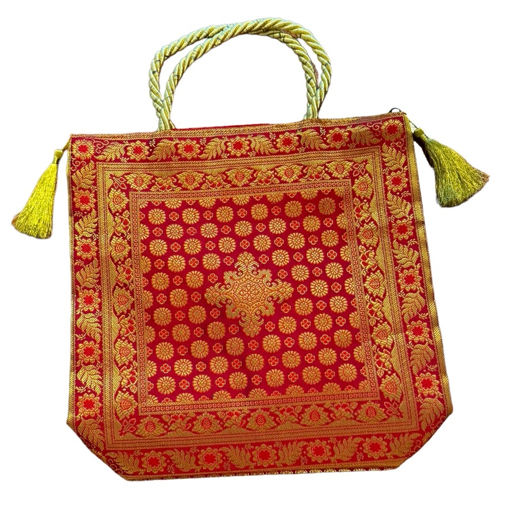 Women’s Red And Gold Handmade Handbag/Purse With Zipper Enclosure. Made In India